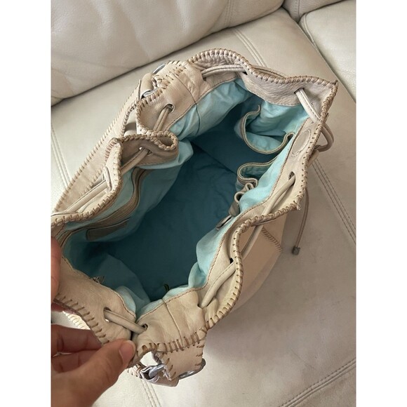 Vintage Sigrid Olsen Leather Hobo Bucket Bag Drawstring Cottagecore Y2K Beige - Picture 12 of 16